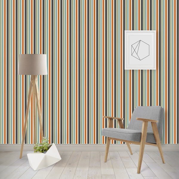 Custom Orange & Blue Stripes Wallpaper & Surface Covering (Water Activated - Removable)