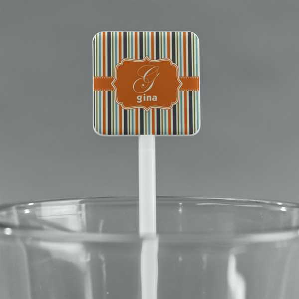 Orange & Blue Stripes White Plastic Stir Stick - Square - Main