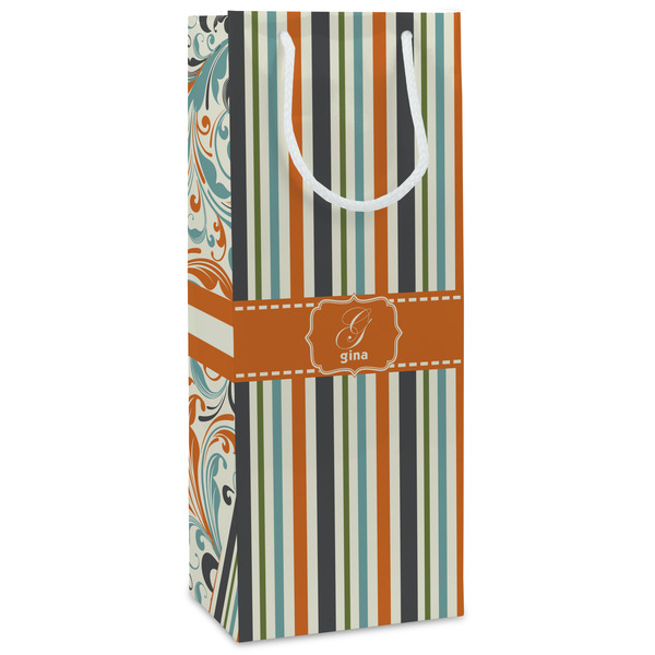 Custom Orange & Blue Stripes Wine Gift Bags - Gloss (Personalized)