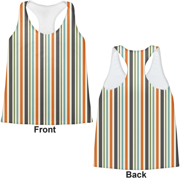 Orange & Blue Stripes Womens Racerback Tank Tops - Medium - Front and Back