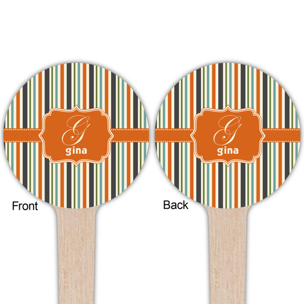 Orange & Blue Stripes Wooden 4" Food Pick - Round - Double Sided - Front & Back
