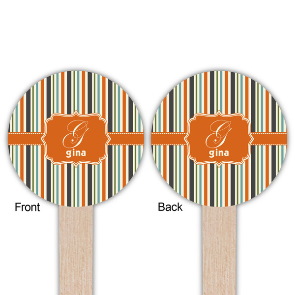 Orange & Blue Stripes Wooden 6" Food Pick - Round - Double Sided - Front & Back