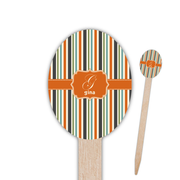 Custom Orange & Blue Stripes Oval Wooden Food Picks - Single Sided (Personalized)