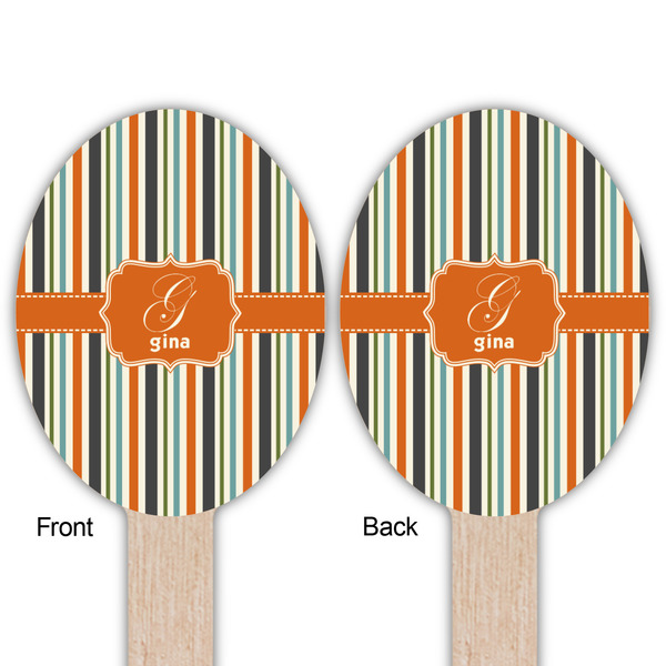 Orange & Blue Stripes Wooden Food Pick - Oval - Double Sided - Front & Back