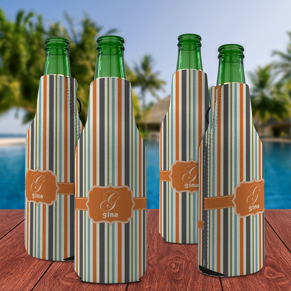 Orange & Blue Stripes Zipper Bottle Cooler - Set of 4 - LIFESTYLE