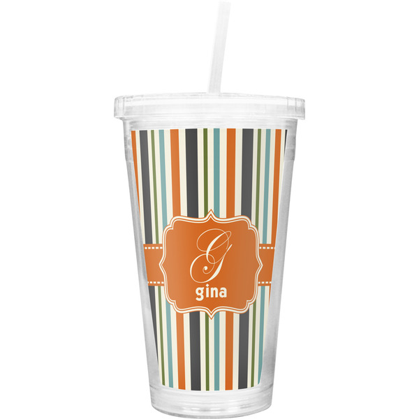 Custom Orange & Blue Stripes Double Wall Tumbler with Straw (Personalized)