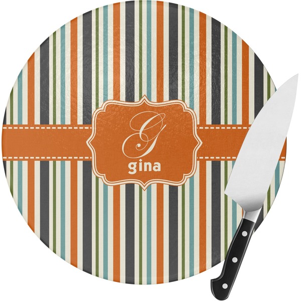 Custom Orange & Blue Stripes Round Glass Cutting Board (Personalized)