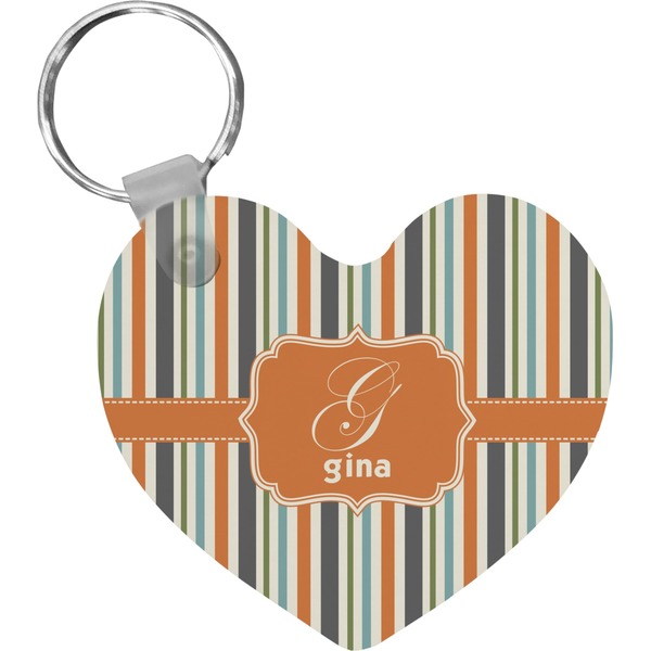 Custom Orange & Blue Stripes Heart Plastic Keychain w/ Name and Initial