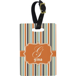 Orange & Blue Stripes Plastic Luggage Tag - Rectangular w/ Name and Initial