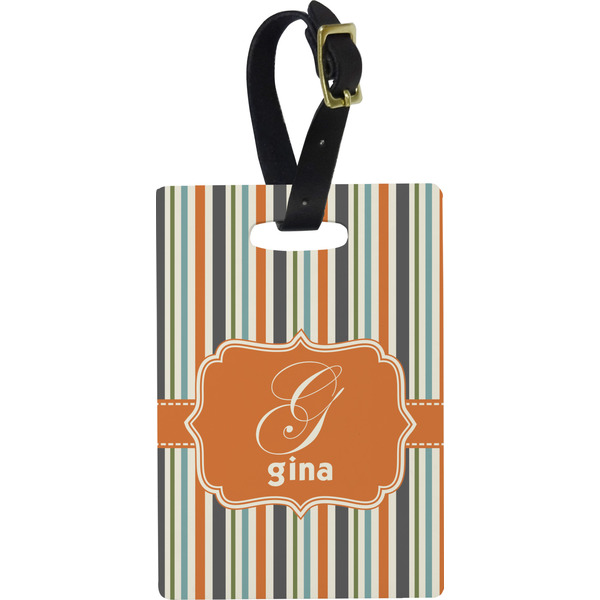 Custom Orange & Blue Stripes Plastic Luggage Tag - Rectangular w/ Name and Initial