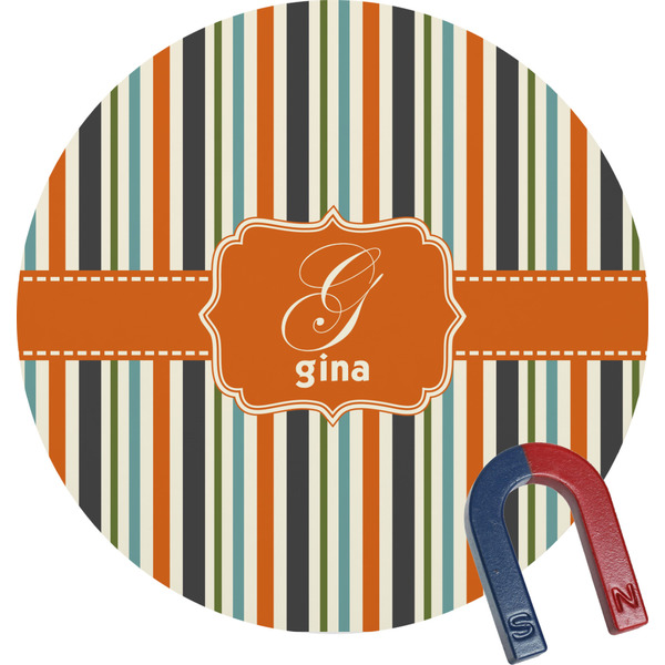 Custom Orange & Blue Stripes Round Fridge Magnet (Personalized)