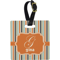 Orange & Blue Stripes Plastic Luggage Tag - Square w/ Name and Initial
