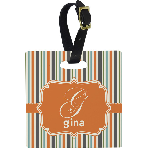 Custom Orange & Blue Stripes Plastic Luggage Tag - Square w/ Name and Initial