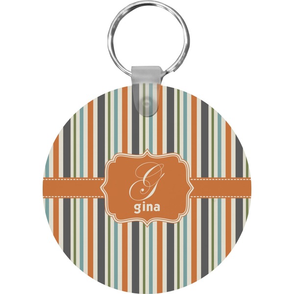 Custom Orange & Blue Stripes Round Plastic Keychain (Personalized)