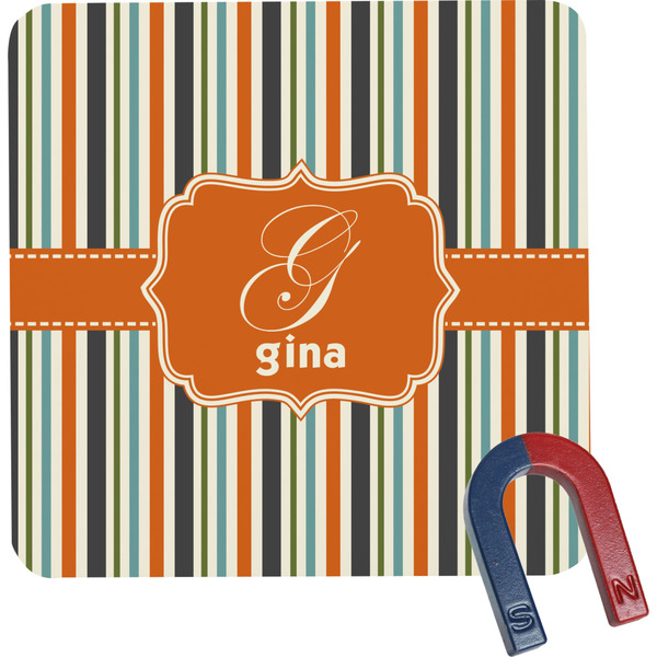 Custom Orange & Blue Stripes Square Fridge Magnet (Personalized)