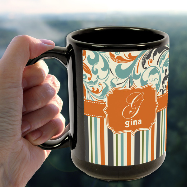 Orange Blue Swirls & Stripes 15oz. Black Mug - LIFESTYLE