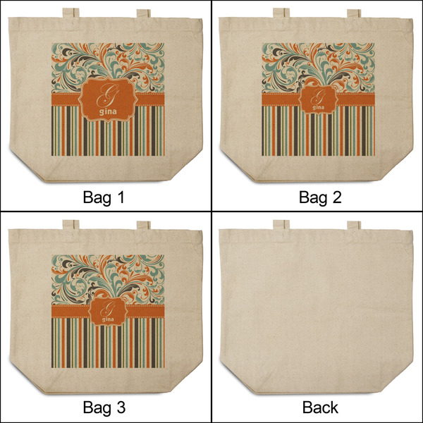 Orange Blue Swirls & Stripes 3 Reusable Cotton Grocery Bags - Front & Back View