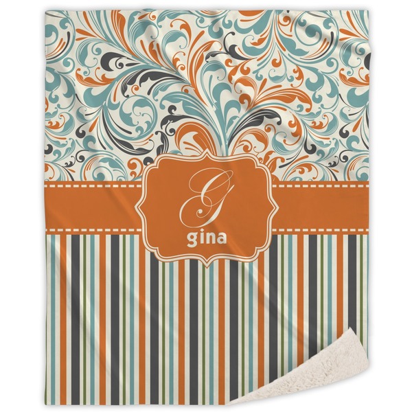 Custom Orange Blue Swirls & Stripes Sherpa Throw Blanket (Personalized)