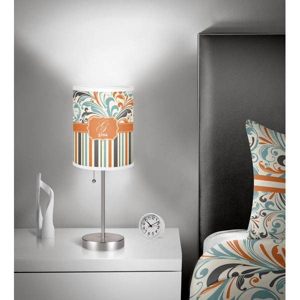 Orange Blue Swirls & Stripes 7 inch drum lamp shade - in room