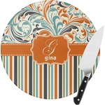 Orange Blue Swirls & Stripes Round Glass Cutting Board - Small (Personalized)