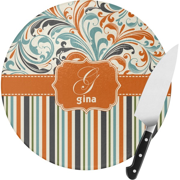 Custom Orange Blue Swirls & Stripes Round Glass Cutting Board - Small (Personalized)