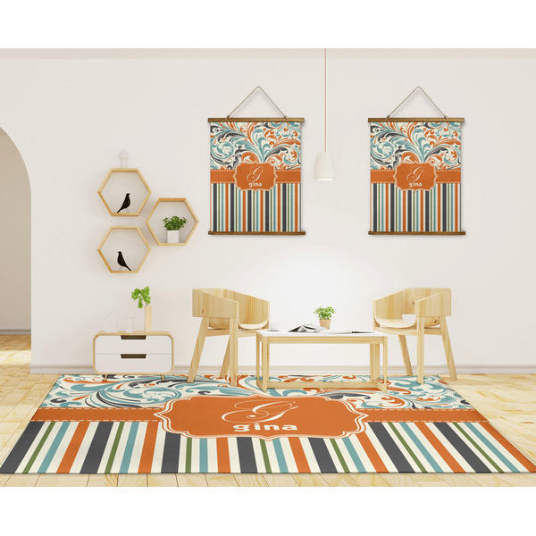 Orange Blue Swirls & Stripes 8'x10' Indoor Area Rugs - IN CONTEXT