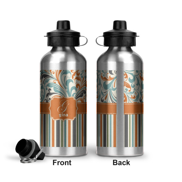 Orange Blue Swirls & Stripes Aluminum Water Bottle - Front and Back
