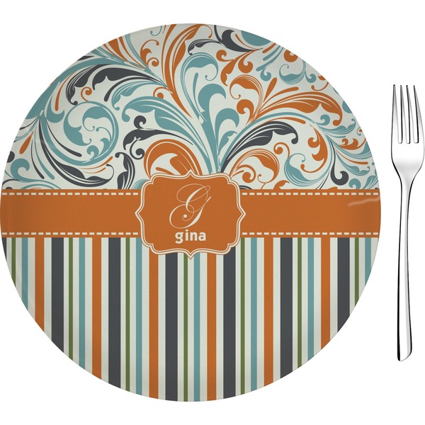Custom Orange Blue Swirls & Stripes Glass Appetizer / Dessert Plate 8" (Personalized)