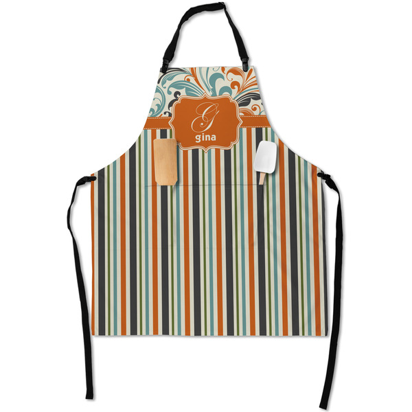 Custom Orange Blue Swirls & Stripes Apron With Pockets w/ Name and Initial