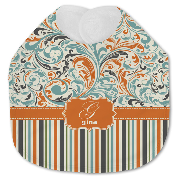 Custom Orange Blue Swirls & Stripes Jersey Knit Baby Bib w/ Name and Initial