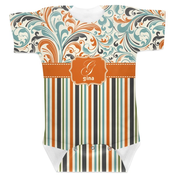 Custom Orange Blue Swirls & Stripes Baby Bodysuit 6-12 (Personalized)