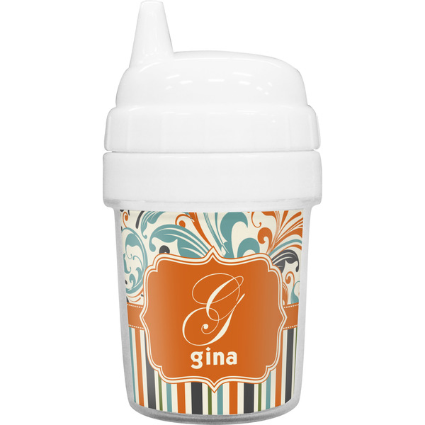 Custom Orange Blue Swirls & Stripes Baby Sippy Cup (Personalized)