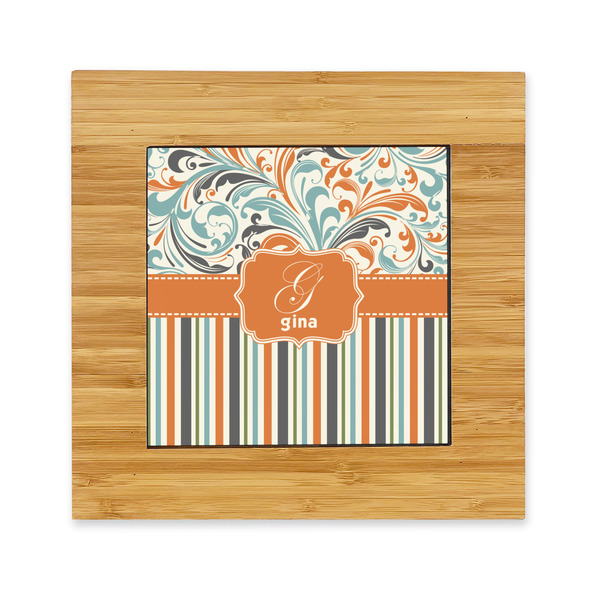 Custom Orange Blue Swirls & Stripes Bamboo Trivet with Ceramic Tile Insert (Personalized)