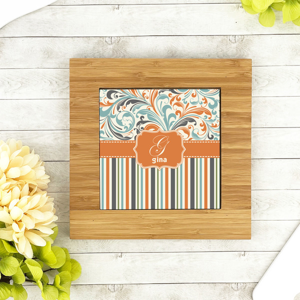 Orange Blue Swirls & Stripes Bamboo Trivet with 6" Tile - LIFESTYLE