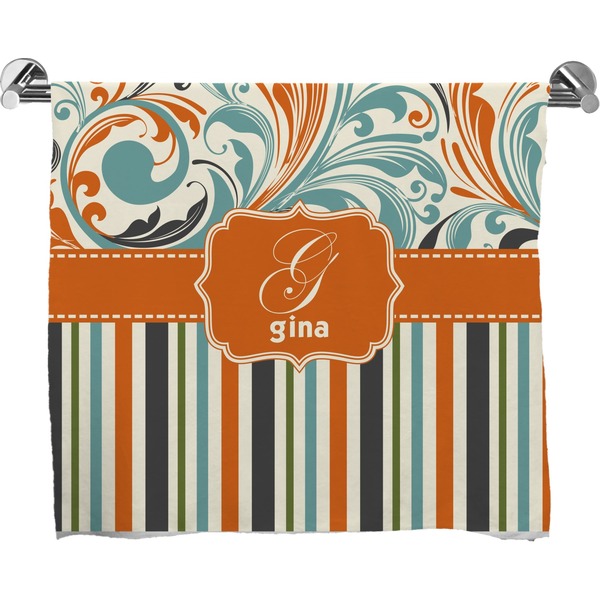 Custom Orange Blue Swirls & Stripes Bath Towel (Personalized)