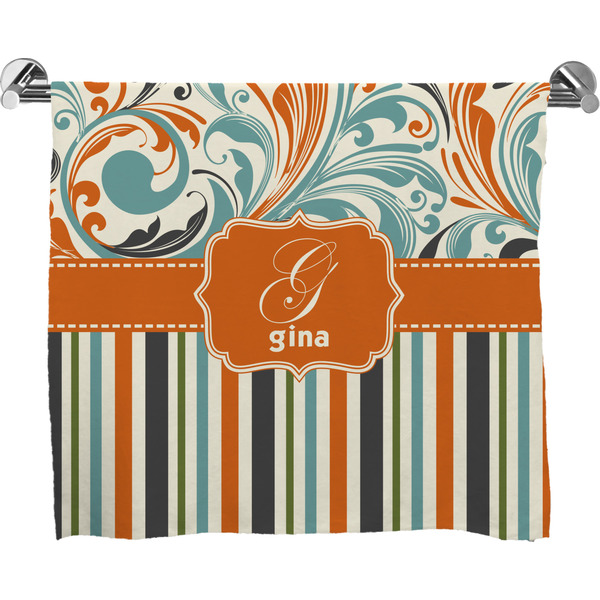 Custom Orange Blue Swirls & Stripes Bath Towel (Personalized)