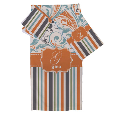 Orange Blue Swirls & Stripes Bath Towel Set - 3 Pcs (Personalized)