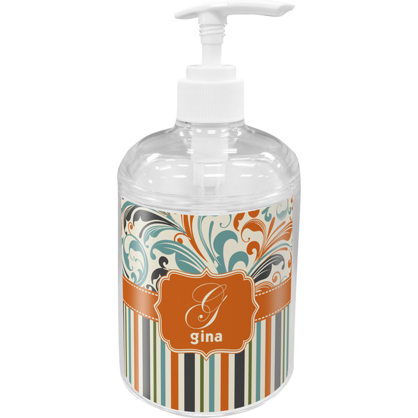 Custom Orange Blue Swirls & Stripes Acrylic Soap & Lotion Bottle (Personalized)
