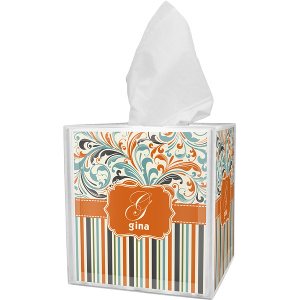 Custom Orange Blue Swirls & Stripes Tissue Box Cover (Personalized)
