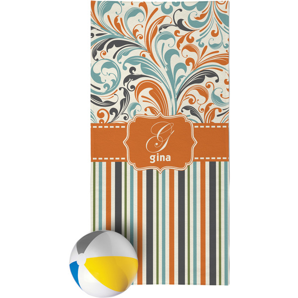Custom Orange Blue Swirls & Stripes Beach Towel (Personalized)
