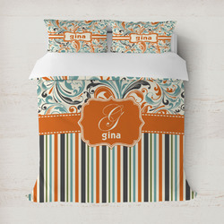 Orange Blue Swirls & Stripes Duvet Cover (Personalized)