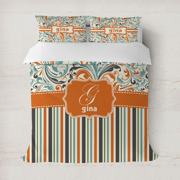 Custom Orange Blue Swirls & Stripes Duvet Cover Set - Full / Queen (Personalized)