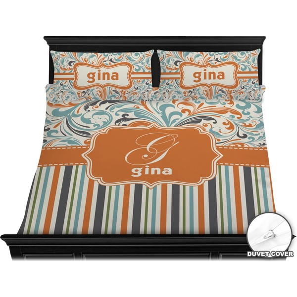 Orange Blue Swirls & Stripes Bedding Set (King) - Duvet