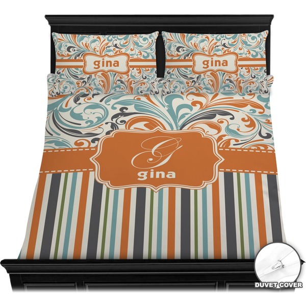 Orange Blue Swirls & Stripes Bedding Set (Queen) - Duvet