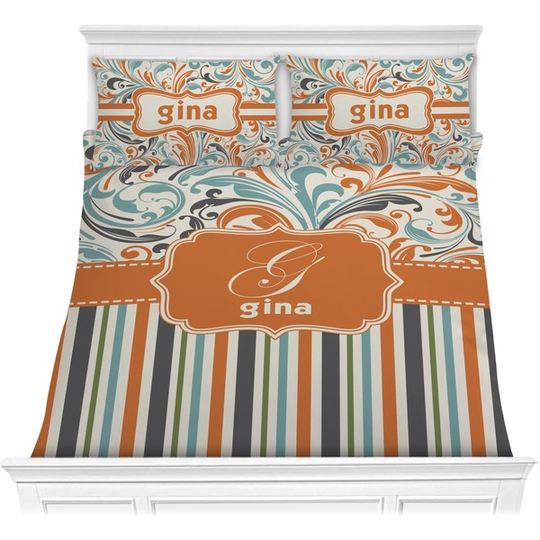 Custom Orange Blue Swirls & Stripes Comforter Set - Full / Queen (Personalized)