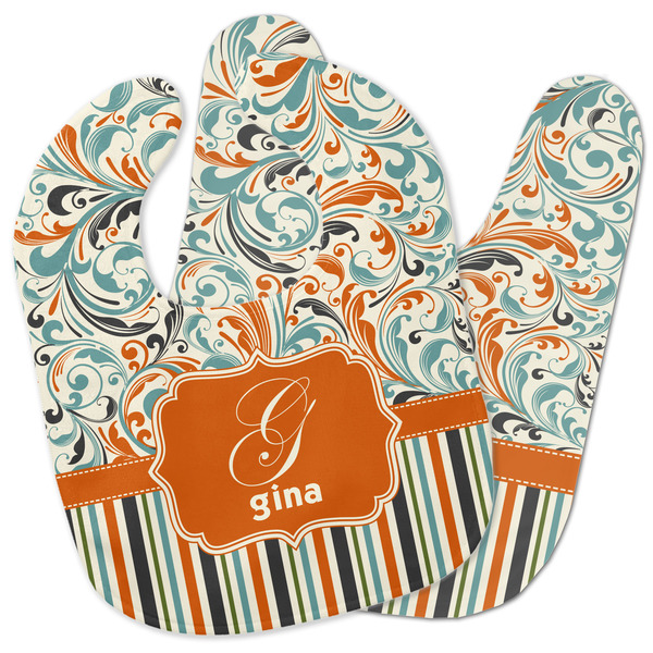 Custom Orange Blue Swirls & Stripes Baby Bib w/ Name and Initial