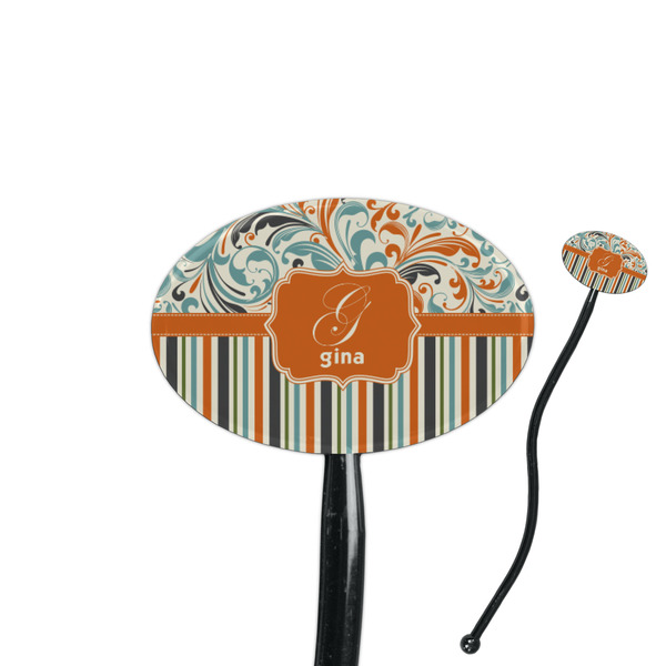 Custom Orange Blue Swirls & Stripes 7" Oval Plastic Stir Sticks - Black - Single Sided (Personalized)