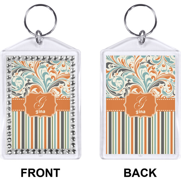 Orange Blue Swirls & Stripes Bling Keychain (Front + Back)