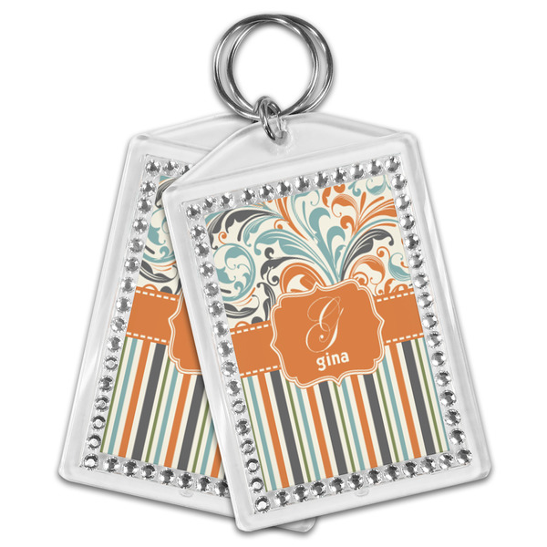 Orange Blue Swirls & Stripes Bling Keychain - MAIN