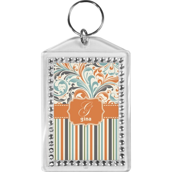 Custom Orange Blue Swirls & Stripes Bling Keychain (Personalized)